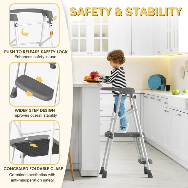 Alt view image 3 of 7 - Kids 2 Steps Step Stool, Foldable Toddler Tower with Safety Railing | Toddler Kitchen Stool & Counter Height Learning Helper, Sturdy Metal Frame, Anti-Slip Feet, Compact Folding Stepper, Gray