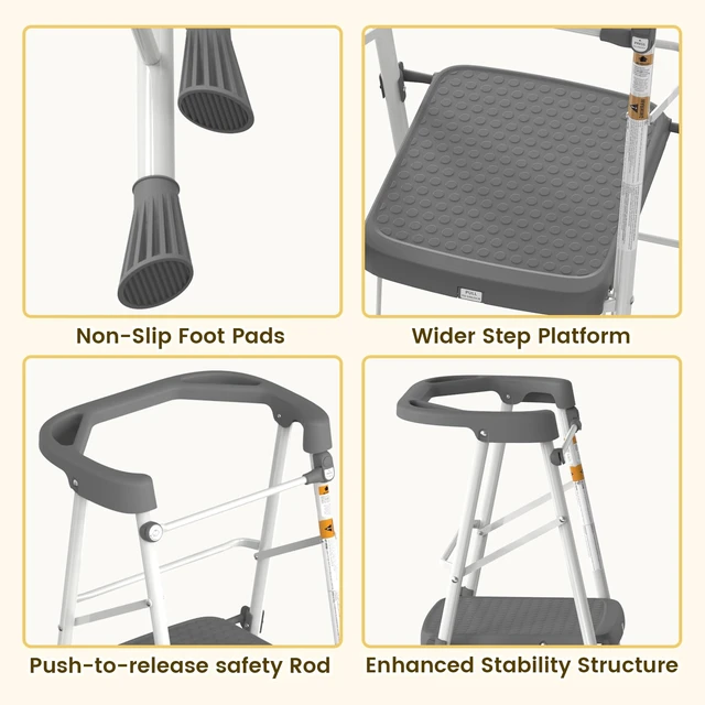 Alt view image 4 of 7 - Kids 2 Steps Step Stool, Foldable Toddler Tower with Safety Railing | Toddler Kitchen Stool & Counter Height Learning Helper, Sturdy Metal Frame, Anti-Slip Feet, Compact Folding Stepper, Gray