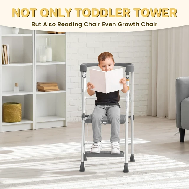 Alt view image 5 of 7 - Kids 2 Steps Step Stool, Foldable Toddler Tower with Safety Railing | Toddler Kitchen Stool & Counter Height Learning Helper, Sturdy Metal Frame, Anti-Slip Feet, Compact Folding Stepper, Gray