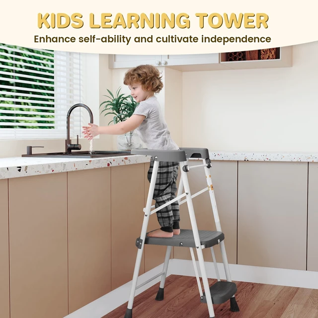 Alt view image 6 of 7 - Kids 2 Steps Step Stool, Foldable Toddler Tower with Safety Railing | Toddler Kitchen Stool & Counter Height Learning Helper, Sturdy Metal Frame, Anti-Slip Feet, Compact Folding Stepper, Gray
