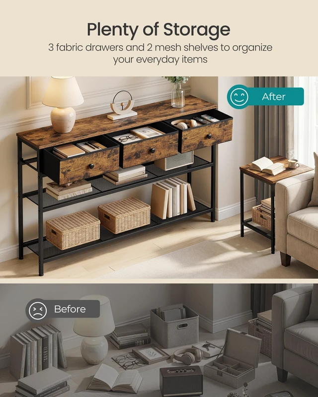Alt view image 2 of 6 - Console Table with 3 Fabric Drawers, Narrow Entryway Furniture | Narrow Console Table with Storage, 44.8 x 11.8 x 31 inch, Storage Shelves, Rustic Brown, BELLAH Collection ULGS014K101