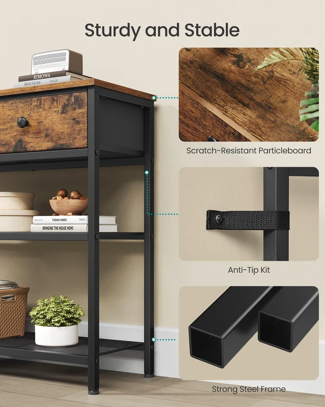 Alt view image 3 of 6 - Console Table with 3 Fabric Drawers, Narrow Entryway Furniture | Narrow Console Table with Storage, 44.8 x 11.8 x 31 inch, Storage Shelves, Rustic Brown, BELLAH Collection ULGS014K101