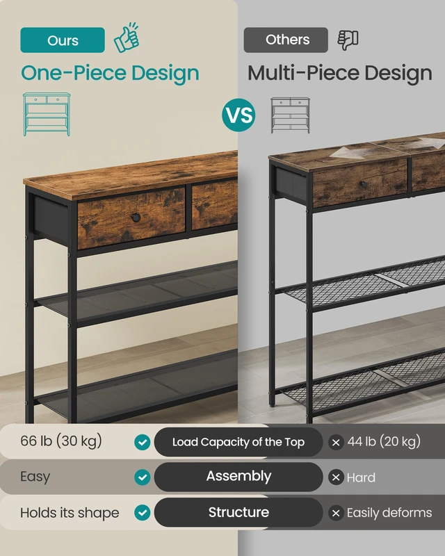 Alt view image 4 of 6 - Console Table with 3 Fabric Drawers, Narrow Entryway Furniture | Narrow Console Table with Storage, 44.8 x 11.8 x 31 inch, Storage Shelves, Rustic Brown, BELLAH Collection ULGS014K101