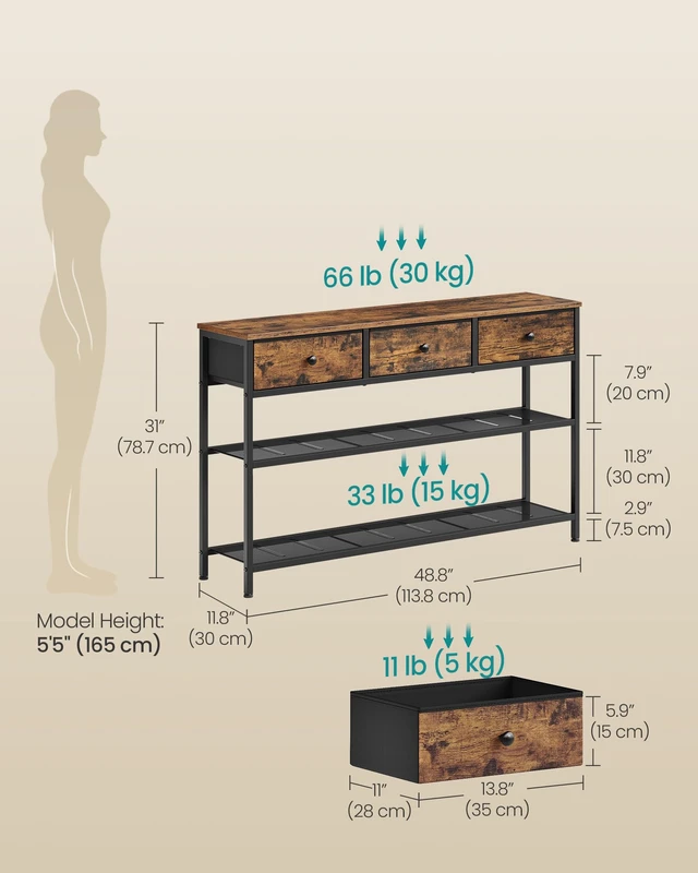 Alt view image 5 of 6 - Console Table with 3 Fabric Drawers, Narrow Entryway Furniture | Narrow Console Table with Storage, 44.8 x 11.8 x 31 inch, Storage Shelves, Rustic Brown, BELLAH Collection ULGS014K101