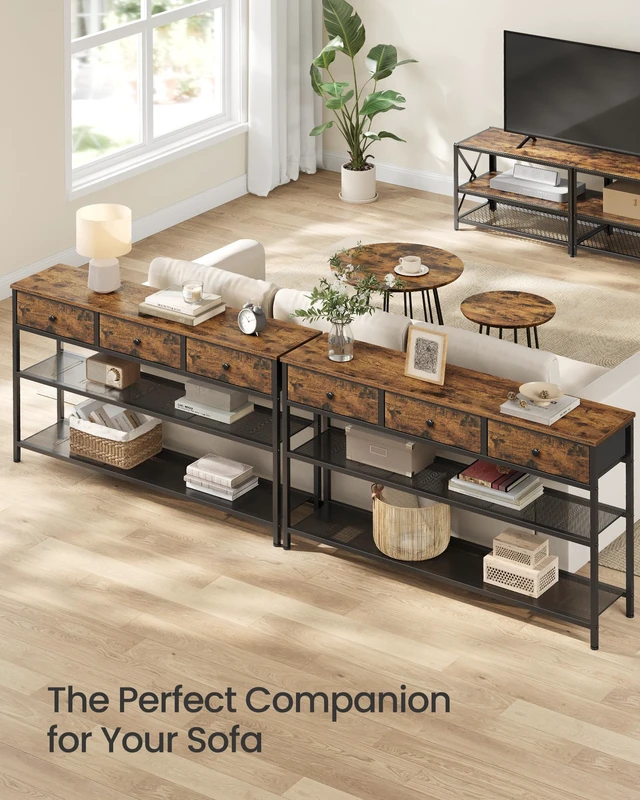 Alt view image 6 of 6 - Console Table with 3 Fabric Drawers, Narrow Entryway Furniture | Narrow Console Table with Storage, 44.8 x 11.8 x 31 inch, Storage Shelves, Rustic Brown, BELLAH Collection ULGS014K101
