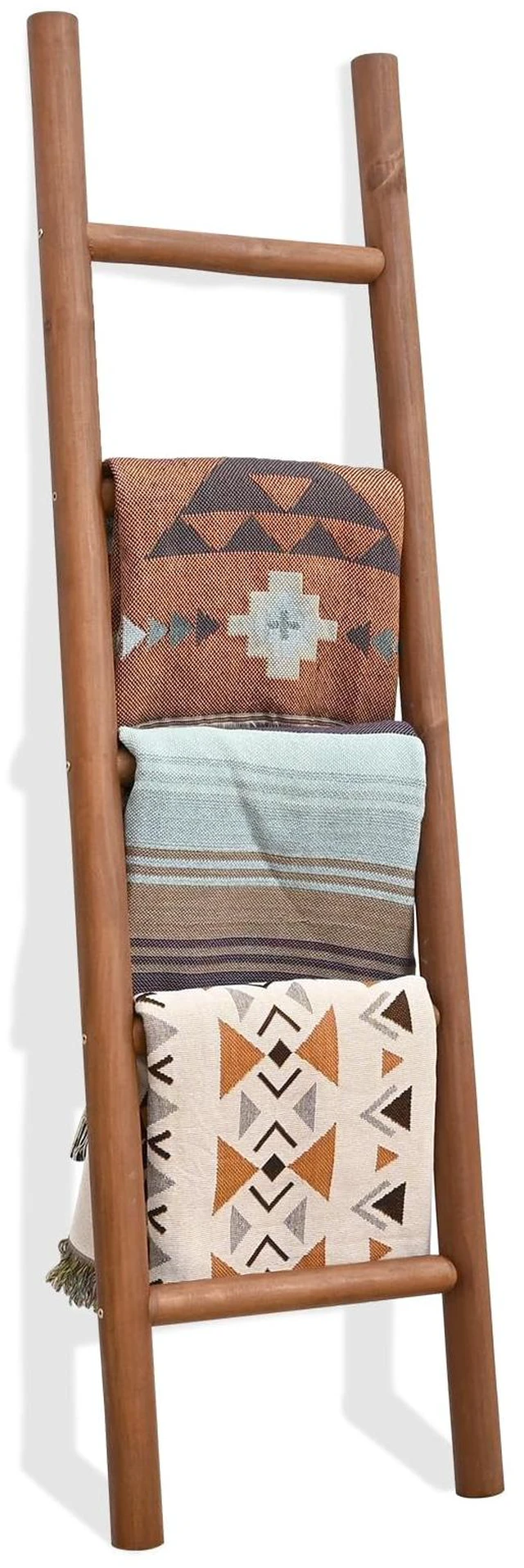 Main image of Blanket Ladder, 57in Rustic Solid Wood Decorative Ladder, Dark Brown | Farmhouse living room accent, Layered blanket towel quilt display, Visible wood grain, Bathroom and Bedroom use