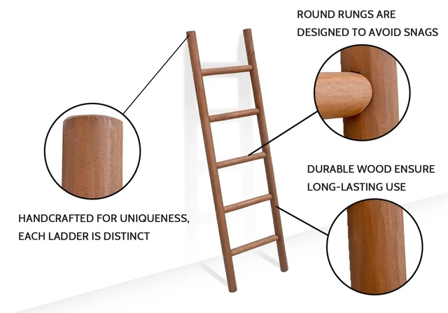 Alt view image 2 of 5 - Blanket Ladder, 57in Rustic Solid Wood Decorative Ladder, Dark Brown | Farmhouse living room accent, Layered blanket towel quilt display, Visible wood grain, Bathroom and Bedroom use