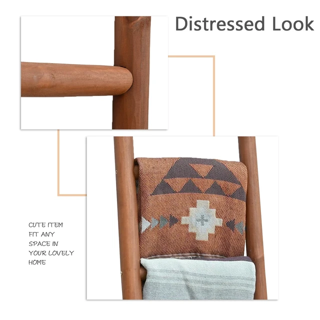 Alt view image 3 of 5 - Blanket Ladder, 57in Rustic Solid Wood Decorative Ladder, Dark Brown | Farmhouse living room accent, Layered blanket towel quilt display, Visible wood grain, Bathroom and Bedroom use