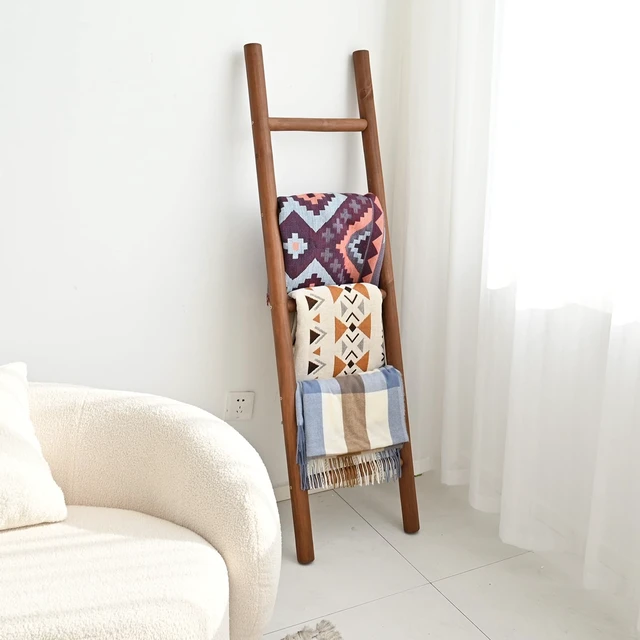 Alt view image 5 of 5 - Blanket Ladder, 57in Rustic Solid Wood Decorative Ladder, Dark Brown | Farmhouse living room accent, Layered blanket towel quilt display, Visible wood grain, Bathroom and Bedroom use