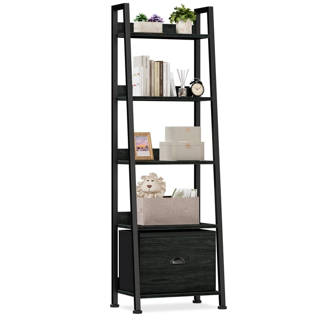 Main image of Ladder Shelf, 5 Tier Bookshelf with Fabric Drawer, Black Oak | 55.6'' Industrial Tall Narrow Shelf, Display Shelving Units, Wood Metal Storage Rack for Living room, Bedroom, Office