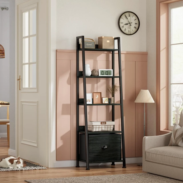 Alt view image 2 of 7 - Ladder Shelf, 5 Tier Bookshelf with Fabric Drawer, Black Oak | 55.6'' Industrial Tall Narrow Shelf, Display Shelving Units, Wood Metal Storage Rack for Living room, Bedroom, Office