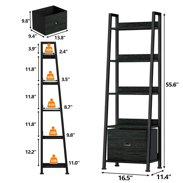 Alt view image 3 of 7 - Ladder Shelf, 5 Tier Bookshelf with Fabric Drawer, Black Oak | 55.6'' Industrial Tall Narrow Shelf, Display Shelving Units, Wood Metal Storage Rack for Living room, Bedroom, Office