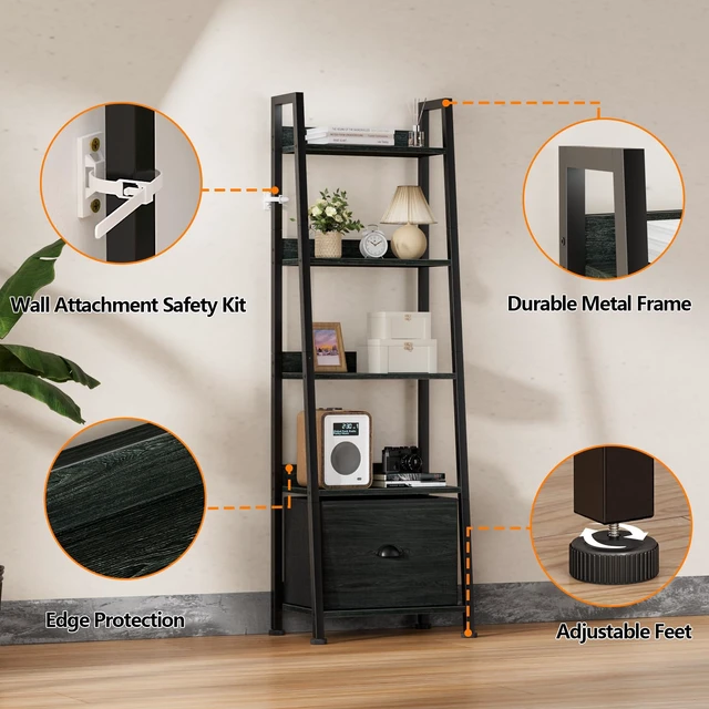 Alt view image 4 of 7 - Ladder Shelf, 5 Tier Bookshelf with Fabric Drawer, Black Oak | 55.6'' Industrial Tall Narrow Shelf, Display Shelving Units, Wood Metal Storage Rack for Living room, Bedroom, Office