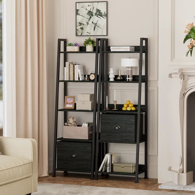 Alt view image 5 of 7 - Ladder Shelf, 5 Tier Bookshelf with Fabric Drawer, Black Oak | 55.6'' Industrial Tall Narrow Shelf, Display Shelving Units, Wood Metal Storage Rack for Living room, Bedroom, Office