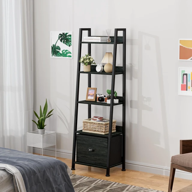 Alt view image 6 of 7 - Ladder Shelf, 5 Tier Bookshelf with Fabric Drawer, Black Oak | 55.6'' Industrial Tall Narrow Shelf, Display Shelving Units, Wood Metal Storage Rack for Living room, Bedroom, Office