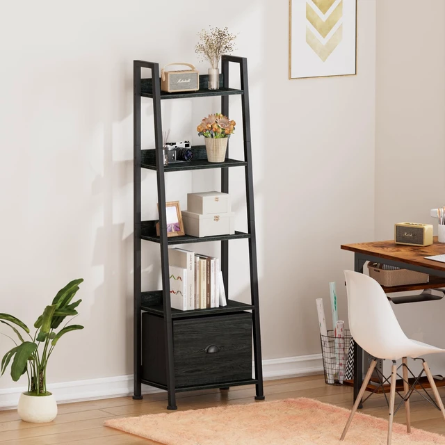 Alt view image 7 of 7 - Ladder Shelf, 5 Tier Bookshelf with Fabric Drawer, Black Oak | 55.6'' Industrial Tall Narrow Shelf, Display Shelving Units, Wood Metal Storage Rack for Living room, Bedroom, Office