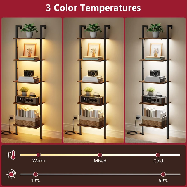 Alt view image 3 of 7 - 5 Tier Ladder Bookshelf with Light, Wall Ladder Shelf Rustic Brown | Narrow Ladder Shelf with Metal Frame, Thin Ladder Book Shelf Wooden Ladder Shelf for Living Room, Bedroom, Office