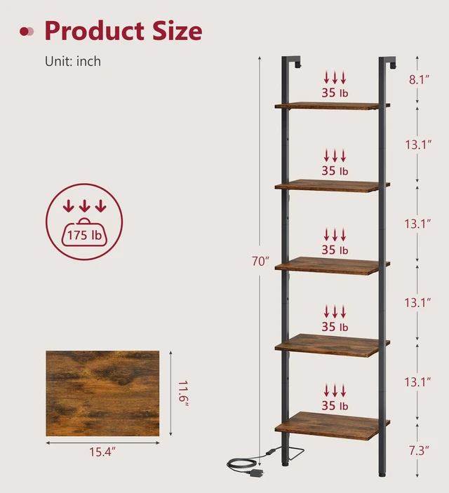 Alt view image 2 of 7 - 5 Tier Ladder Bookshelf with Light, Wall Ladder Shelf Rustic Brown | Narrow Ladder Shelf with Metal Frame, Thin Ladder Book Shelf Wooden Ladder Shelf for Living Room, Bedroom, Office