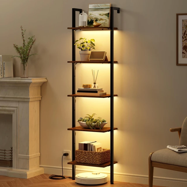 Main image of 5 Tier Ladder Bookshelf with Light, Wall Ladder Shelf Rustic Brown | Narrow Ladder Shelf with Metal Frame, Thin Ladder Book Shelf Wooden Ladder Shelf for Living Room, Bedroom, Office