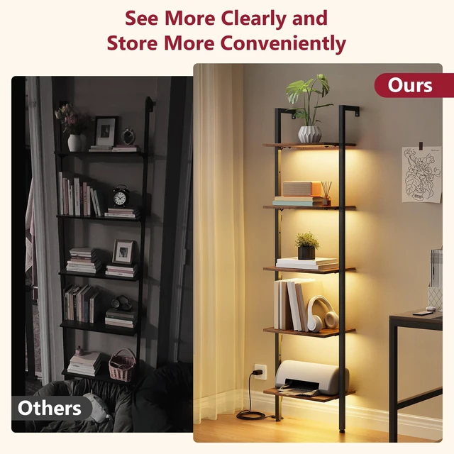 Alt view image 5 of 7 - 5 Tier Ladder Bookshelf with Light, Wall Ladder Shelf Rustic Brown | Narrow Ladder Shelf with Metal Frame, Thin Ladder Book Shelf Wooden Ladder Shelf for Living Room, Bedroom, Office