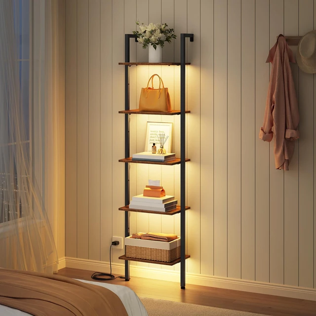 Alt view image 6 of 7 - 5 Tier Ladder Bookshelf with Light, Wall Ladder Shelf Rustic Brown | Narrow Ladder Shelf with Metal Frame, Thin Ladder Book Shelf Wooden Ladder Shelf for Living Room, Bedroom, Office