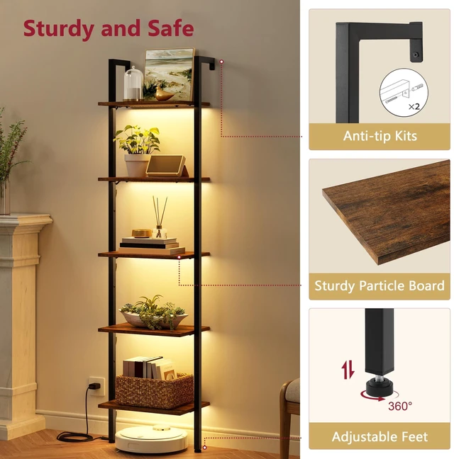 Alt view image 4 of 7 - 5 Tier Ladder Bookshelf with Light, Wall Ladder Shelf Rustic Brown | Narrow Ladder Shelf with Metal Frame, Thin Ladder Book Shelf Wooden Ladder Shelf for Living Room, Bedroom, Office