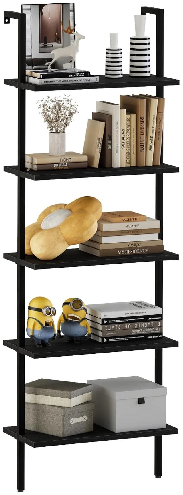 Main image of Ladder Shelf Open 5-Tier Bookshelf Wall-Mounted Black Wood Bookcase Storage Rack Open Industrial Modern Plant Stand Utility Organizer Bookcase Metal Frame Furniture Office Bedroom