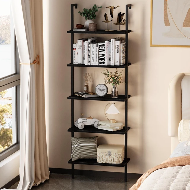 Alt view image 2 of 7 - Ladder Shelf Open 5-Tier Bookshelf Wall-Mounted Black Wood Bookcase Storage Rack Open Industrial Modern Plant Stand Utility Organizer Bookcase Metal Frame Furniture Office Bedroom