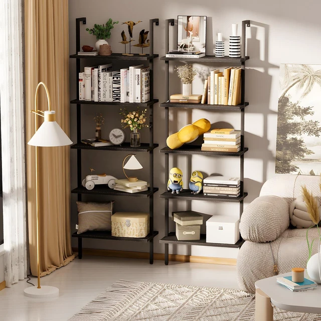 Alt view image 5 of 7 - Ladder Shelf Open 5-Tier Bookshelf Wall-Mounted Black Wood Bookcase Storage Rack Open Industrial Modern Plant Stand Utility Organizer Bookcase Metal Frame Furniture Office Bedroom
