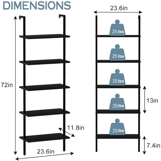 Alt view image 3 of 7 - Ladder Shelf Open 5-Tier Bookshelf Wall-Mounted Black Wood Bookcase Storage Rack Open Industrial Modern Plant Stand Utility Organizer Bookcase Metal Frame Furniture Office Bedroom