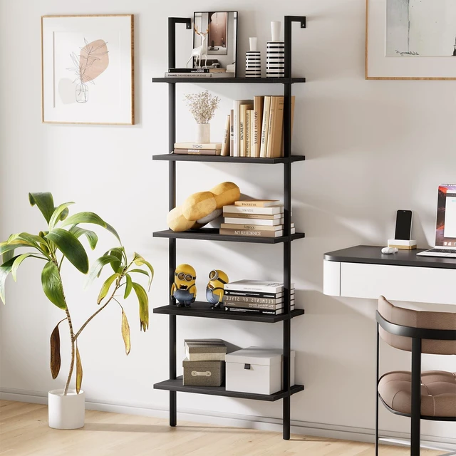 Alt view image 7 of 7 - Ladder Shelf Open 5-Tier Bookshelf Wall-Mounted Black Wood Bookcase Storage Rack Open Industrial Modern Plant Stand Utility Organizer Bookcase Metal Frame Furniture Office Bedroom