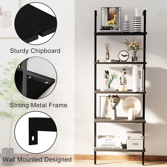 Alt view image 6 of 7 - Ladder Shelf Open 5-Tier Bookshelf Wall-Mounted Black Wood Bookcase Storage Rack Open Industrial Modern Plant Stand Utility Organizer Bookcase Metal Frame Furniture Office Bedroom