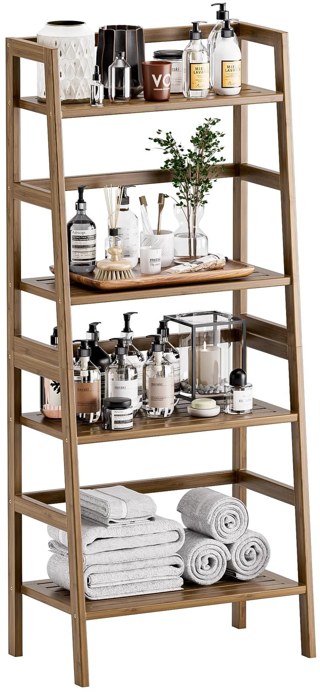 Main image of Ladder Shelf, 4-Tier Bamboo Bookshelf, Freestanding Open Display Storage Rack, Space Saving Flower Plant Display Stand for Bathroom Living Room, Walnut