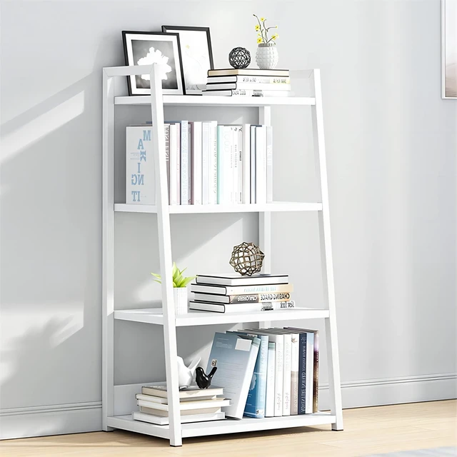 Main image of 4 Tier Ladder Shelf Bookcase, 19.7" x 11.8" x 38" in, White | Stable Trapezoid Iron Frame, Fits Books Decor and Toys, Holds 20 Lbs per Shelf, Suitable for Living Room and Bedroom