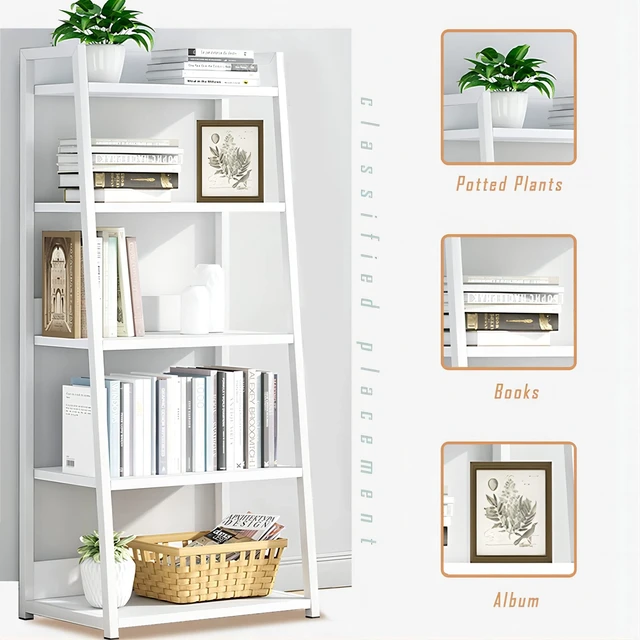 Alt view image 3 of 7 - 4 Tier Ladder Shelf Bookcase, 19.7" x 11.8" x 38" in, White | Stable Trapezoid Iron Frame, Fits Books Decor and Toys, Holds 20 Lbs per Shelf, Suitable for Living Room and Bedroom