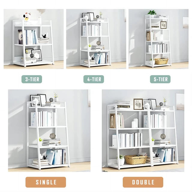 Alt view image 6 of 7 - 4 Tier Ladder Shelf Bookcase, 19.7" x 11.8" x 38" in, White | Stable Trapezoid Iron Frame, Fits Books Decor and Toys, Holds 20 Lbs per Shelf, Suitable for Living Room and Bedroom