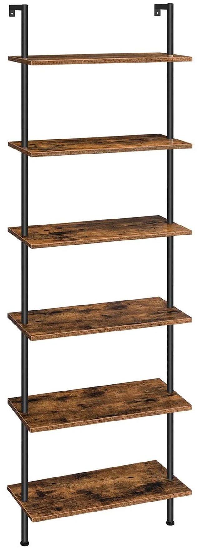 Main image of DIY Ladder Shelf, 6-Tier Wall Mounted Bookshelf, Office Vertical Bookcase, Wooden Storage Shelves for Home Office, Bedroom, Rustic Brown and Black BF65CJ01