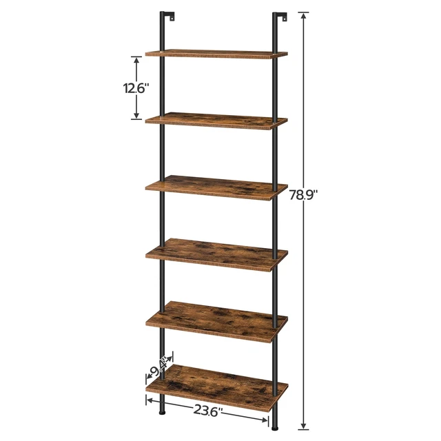 Alt view image 3 of 7 - DIY Ladder Shelf, 6-Tier Wall Mounted Bookshelf, Office Vertical Bookcase, Wooden Storage Shelves for Home Office, Bedroom, Rustic Brown and Black BF65CJ01