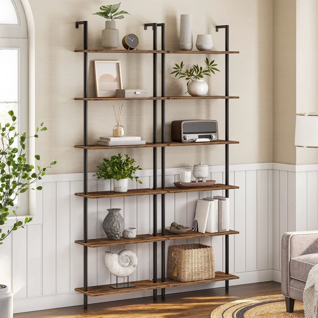 Alt view image 4 of 7 - DIY Ladder Shelf, 6-Tier Wall Mounted Bookshelf, Office Vertical Bookcase, Wooden Storage Shelves for Home Office, Bedroom, Rustic Brown and Black BF65CJ01