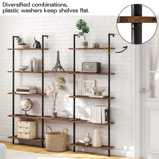 Alt view image 5 of 7 - DIY Ladder Shelf, 6-Tier Wall Mounted Bookshelf, Office Vertical Bookcase, Wooden Storage Shelves for Home Office, Bedroom, Rustic Brown and Black BF65CJ01