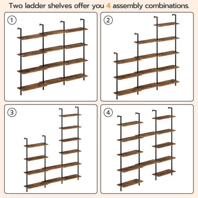 Alt view image 6 of 7 - DIY Ladder Shelf, 6-Tier Wall Mounted Bookshelf, Office Vertical Bookcase, Wooden Storage Shelves for Home Office, Bedroom, Rustic Brown and Black BF65CJ01