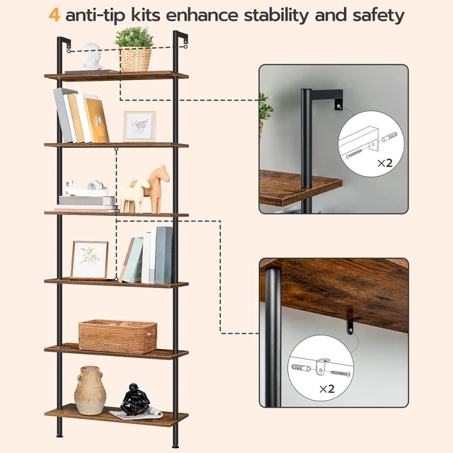 Alt view image 7 of 7 - DIY Ladder Shelf, 6-Tier Wall Mounted Bookshelf, Office Vertical Bookcase, Wooden Storage Shelves for Home Office, Bedroom, Rustic Brown and Black BF65CJ01