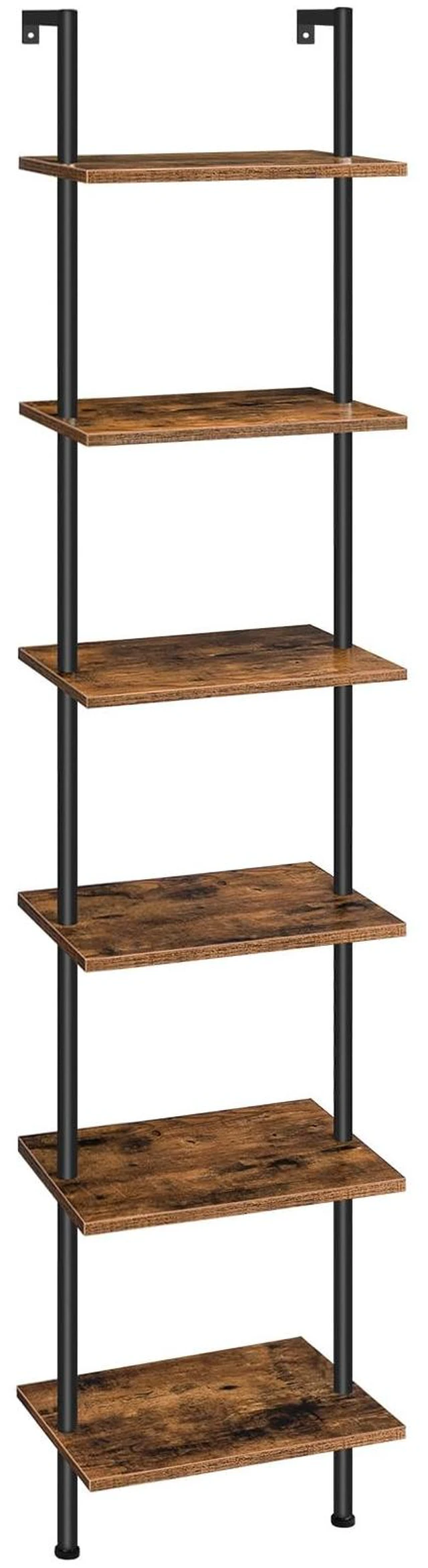 Main image of DIY Ladder Shelf, 6-Tier Wooden Wall Mounted Bookshelf, Narrow Bookcase, Display Shelf, Storage Rack, Plant Stand, for Living Room, Bedroom, Study, Balcony, Rustic Brown and Black BF651CJ01