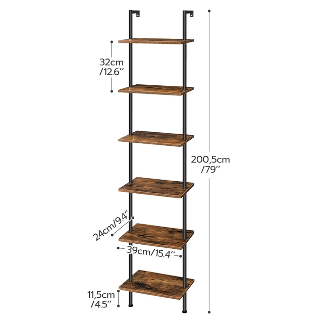 Alt view image 3 of 7 - DIY Ladder Shelf, 6-Tier Wooden Wall Mounted Bookshelf, Narrow Bookcase, Display Shelf, Storage Rack, Plant Stand, for Living Room, Bedroom, Study, Balcony, Rustic Brown and Black BF651CJ01