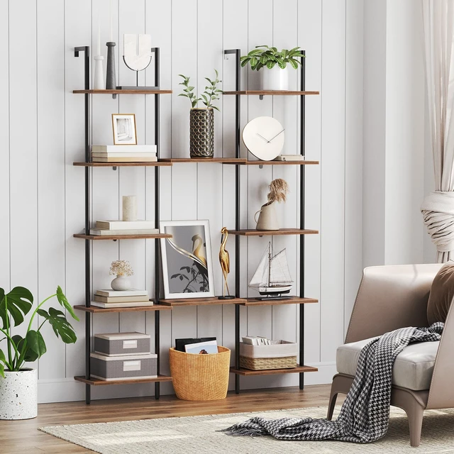Alt view image 4 of 7 - DIY Ladder Shelf, 6-Tier Wooden Wall Mounted Bookshelf, Narrow Bookcase, Display Shelf, Storage Rack, Plant Stand, for Living Room, Bedroom, Study, Balcony, Rustic Brown and Black BF651CJ01