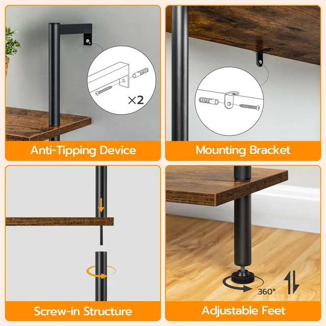 Alt view image 5 of 7 - DIY Ladder Shelf, 6-Tier Wooden Wall Mounted Bookshelf, Narrow Bookcase, Display Shelf, Storage Rack, Plant Stand, for Living Room, Bedroom, Study, Balcony, Rustic Brown and Black BF651CJ01