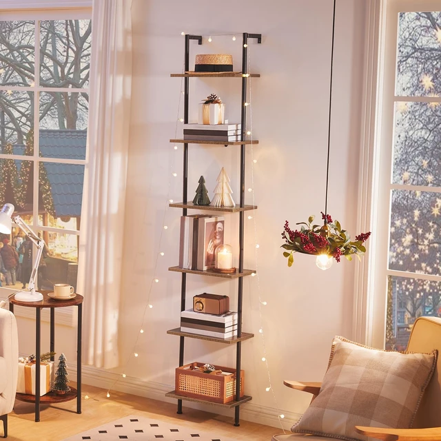 Alt view image 2 of 7 - DIY Ladder Shelf, 6-Tier Wooden Wall Mounted Bookshelf, Narrow Bookcase, Display Shelf, Storage Rack, Plant Stand, for Living Room, Bedroom, Study, Balcony, Rustic Brown and Black BF651CJ01