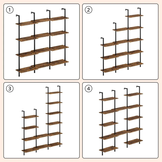 Alt view image 6 of 7 - DIY Ladder Shelf, 6-Tier Wooden Wall Mounted Bookshelf, Narrow Bookcase, Display Shelf, Storage Rack, Plant Stand, for Living Room, Bedroom, Study, Balcony, Rustic Brown and Black BF651CJ01