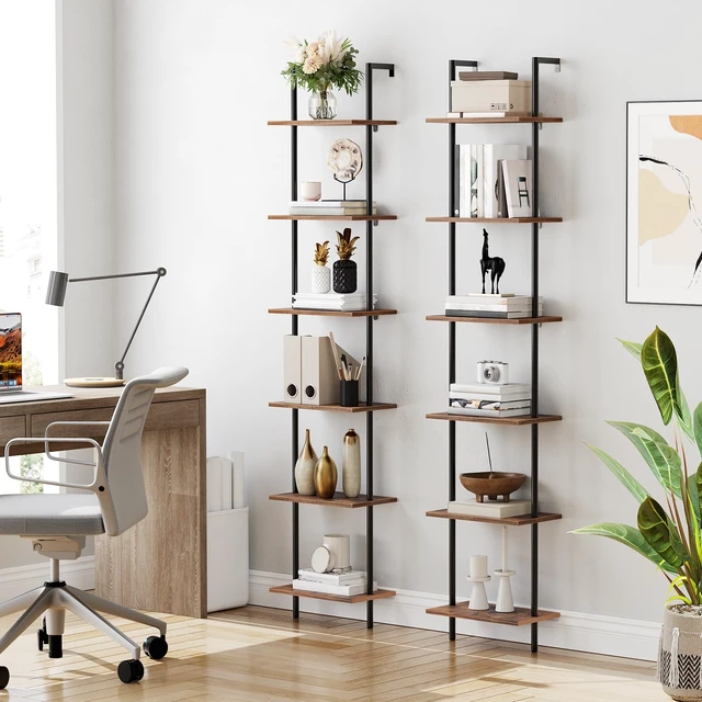 Alt view image 7 of 7 - DIY Ladder Shelf, 6-Tier Wooden Wall Mounted Bookshelf, Narrow Bookcase, Display Shelf, Storage Rack, Plant Stand, for Living Room, Bedroom, Study, Balcony, Rustic Brown and Black BF651CJ01