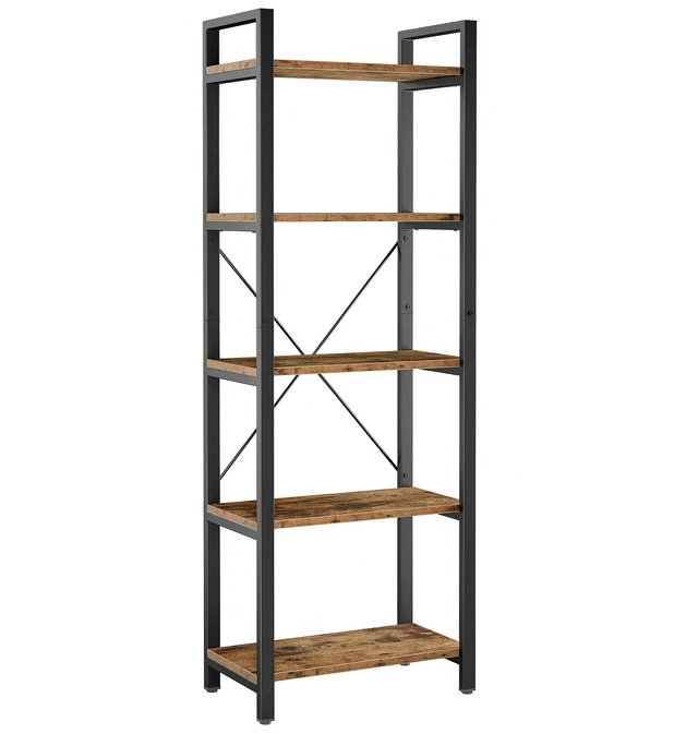 Main image of Bookshelf, 5-Tier Industrial Ladder 110 lb per Shelf, Vintage Brown | 5-tier bookshelf. Metal frame, Cross-Iron Back. Anti-tip. Industrial Bookshelves for Living Room Home Office